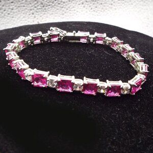 SIM. ASSCHER CUT RUBIES W/ ROUND CRYSTALS STERLING 19 GR. TENNIS BRACELET 3